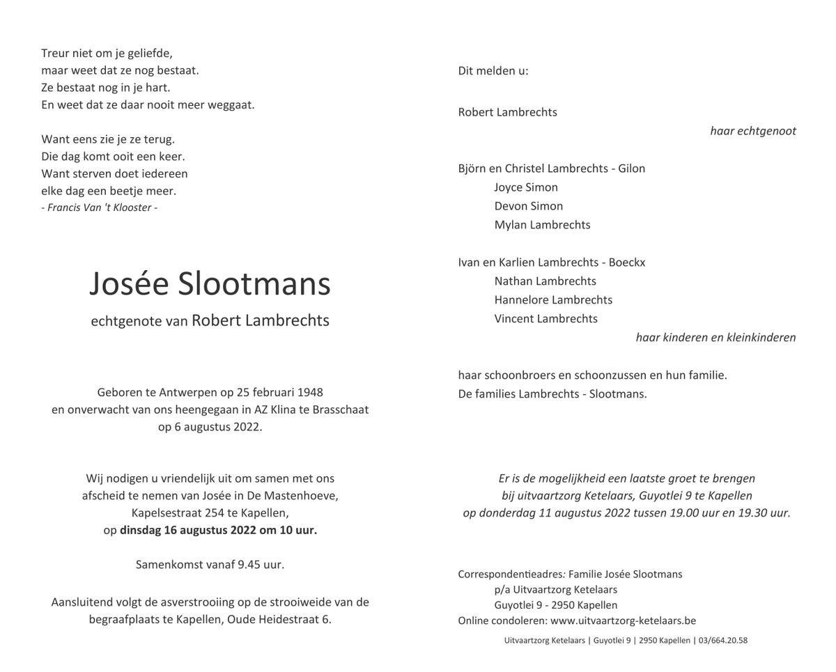 Josée SLOOTMANS 06/08/2022 In gedachten