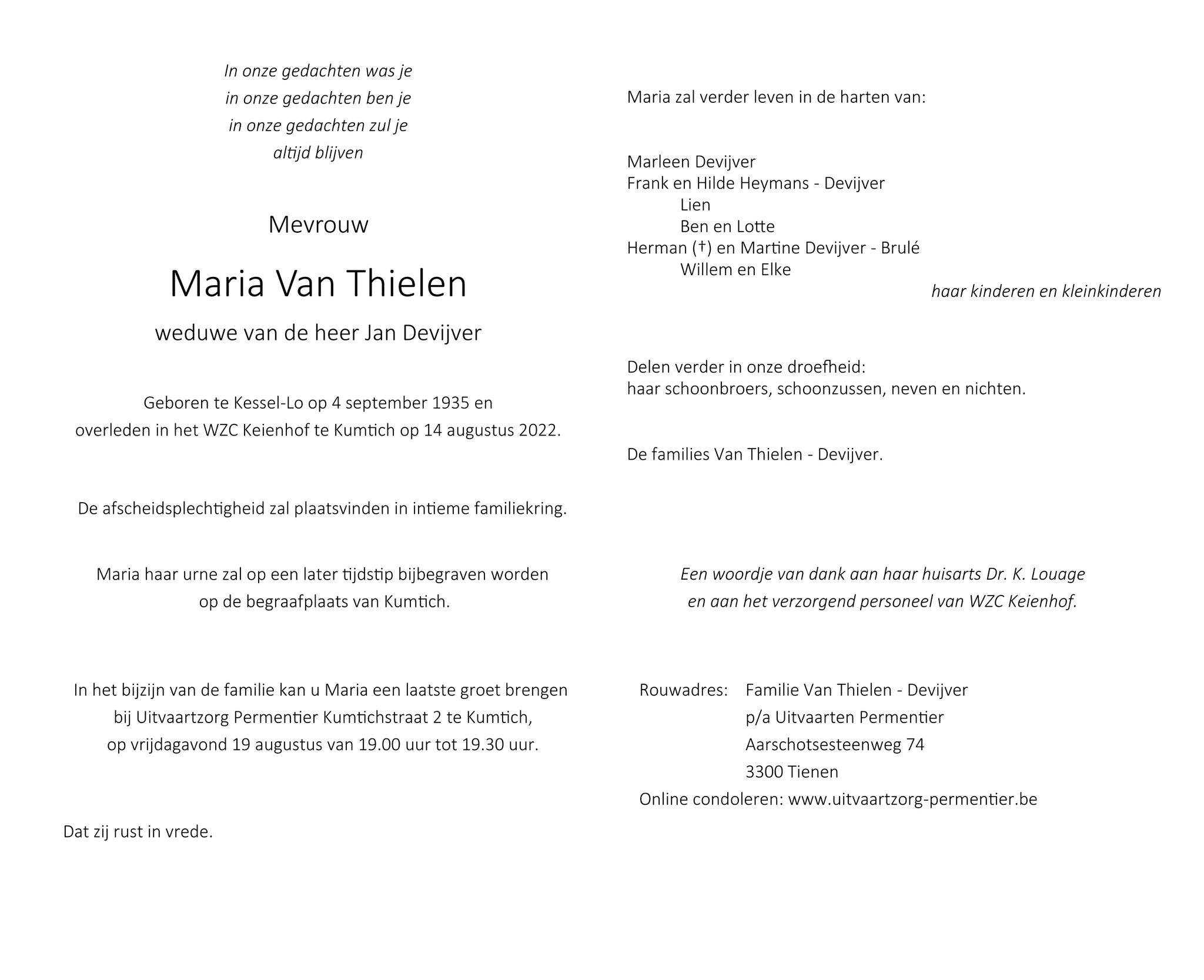 Maria Van Thielen 14/08/2022 In gedachten