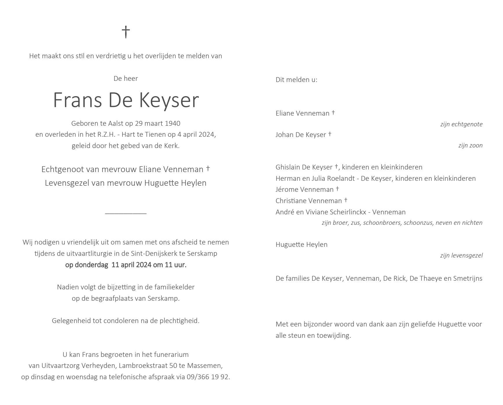 Frans De Keyser 04/04/2024 In gedachten