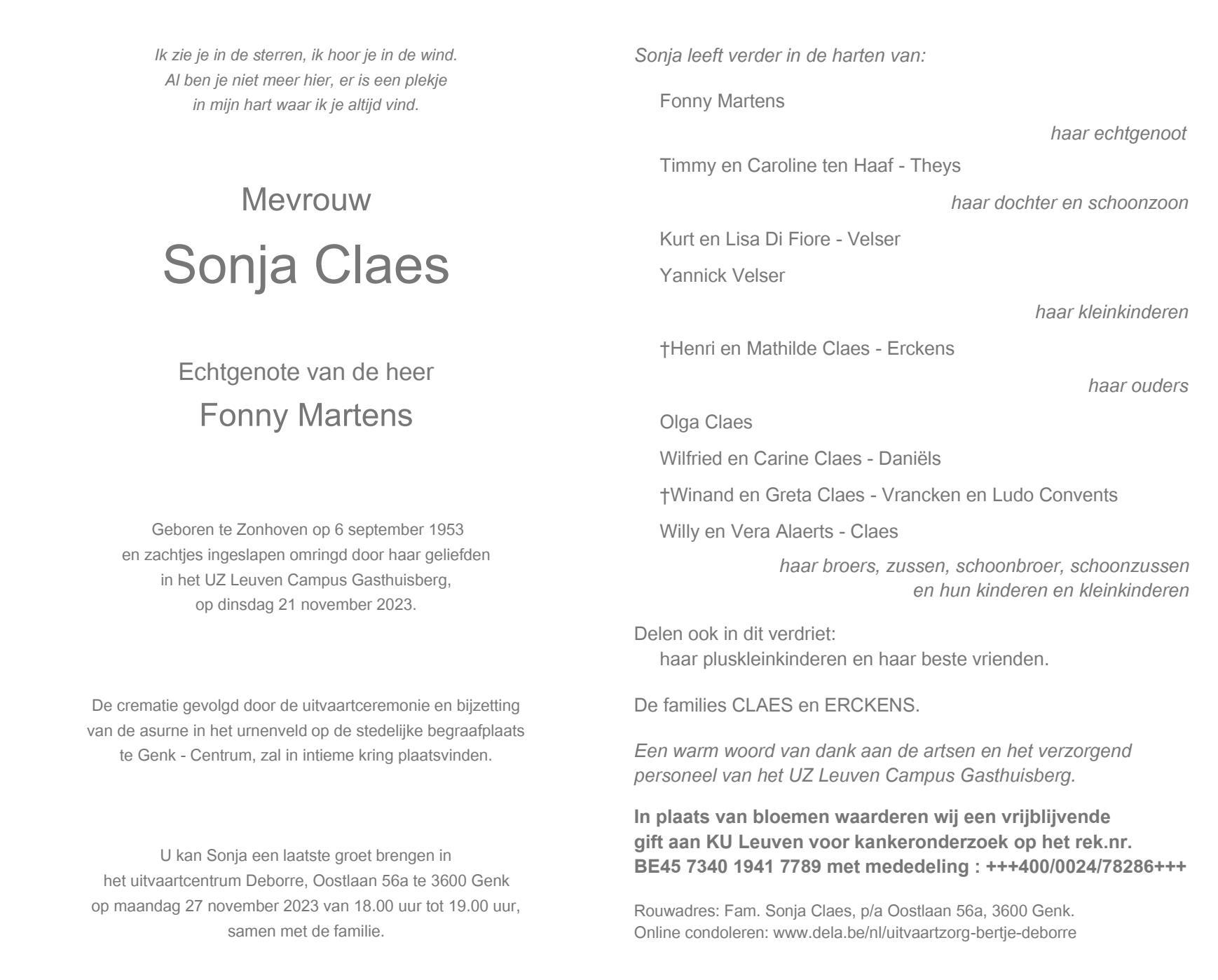 Sonja Claes 21/11/2023 In gedachten