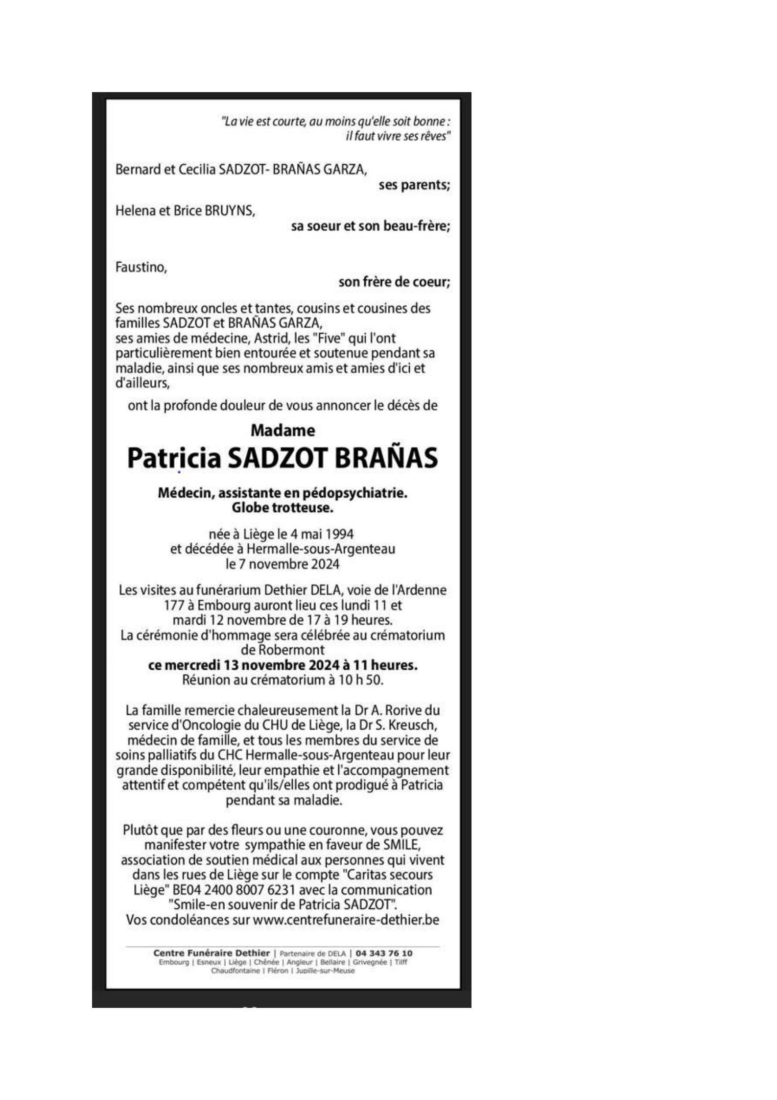 Patricia SADZOT 07/11/2024 In gedachten