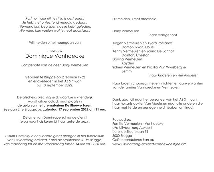 Dominique Vanhaecke 10/09/2022 In gedachten