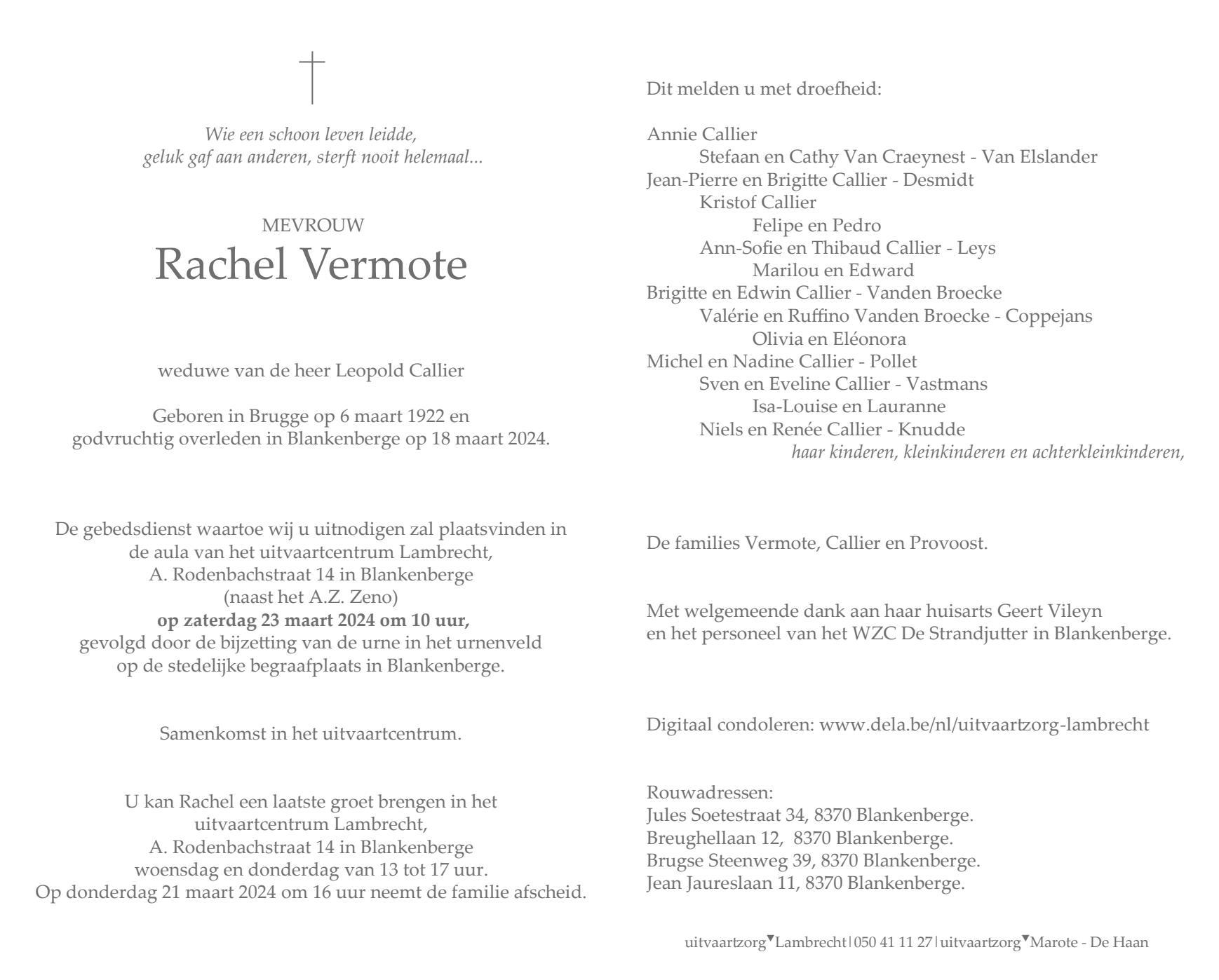 Rachel Vermote 18/03/2024 In gedachten