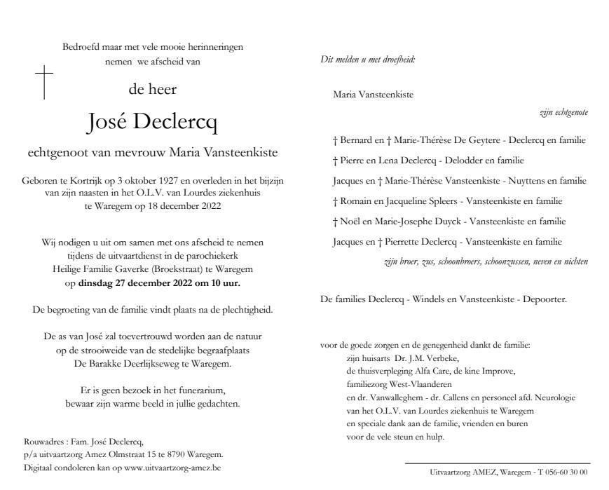 José Declercq 18/12/2022 In gedachten